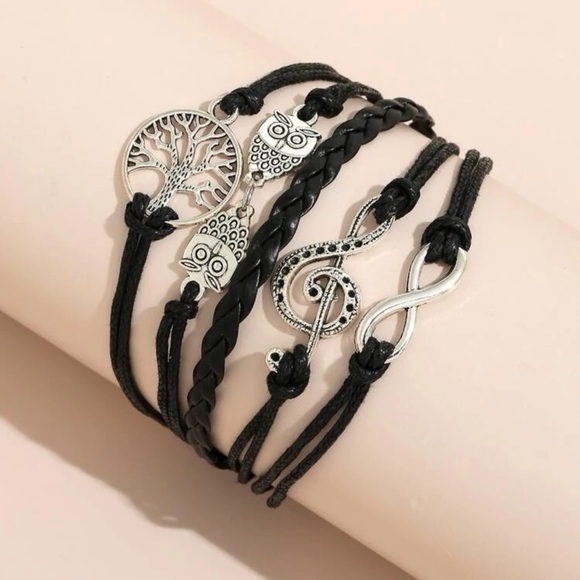 Jewelry - Layered Black Faux Leather Bracelet Treble Clef Owl Infinity Tree